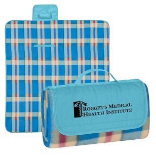 Roll-Up Picnic Blanket - Embroidered - Blue, Light/Blue/Pink Plaid