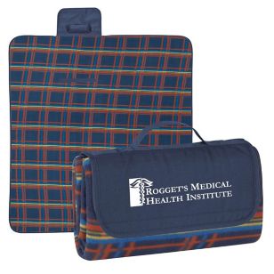 Roll-Up Picnic Blanket - Embroidered - Blue, Royal/Orange Plaid