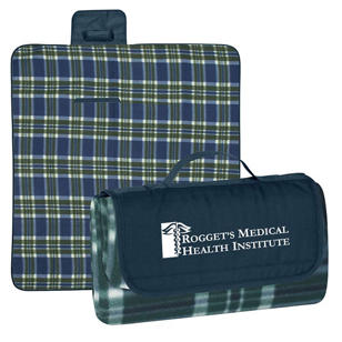 Roll-Up Picnic Blanket - Embroidered - Blue, Navy/Green/Navy Plaid