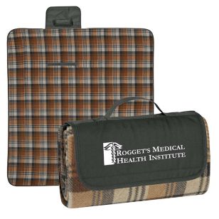 Roll-Up Picnic Blanket - Embroidered - Black/Brown/Black Plaid