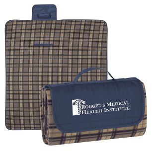 Roll-Up Picnic Blanket - Embroidered - Blue/Natural Plaid