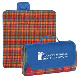 Roll-Up Picnic Blanket - Embroidered - Blue/Orange Plaid