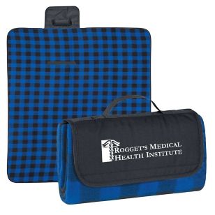 Roll-Up Picnic Blanket - Embroidered - Black/Blue/Black Plaid