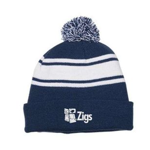 Knit Beanie with Pom Pom - Blue, Navy/White