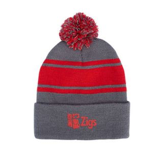 Knit Beanie with Pom Pom - Gray/Red