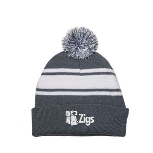 Knit Beanie with Pom Pom - Gray, White