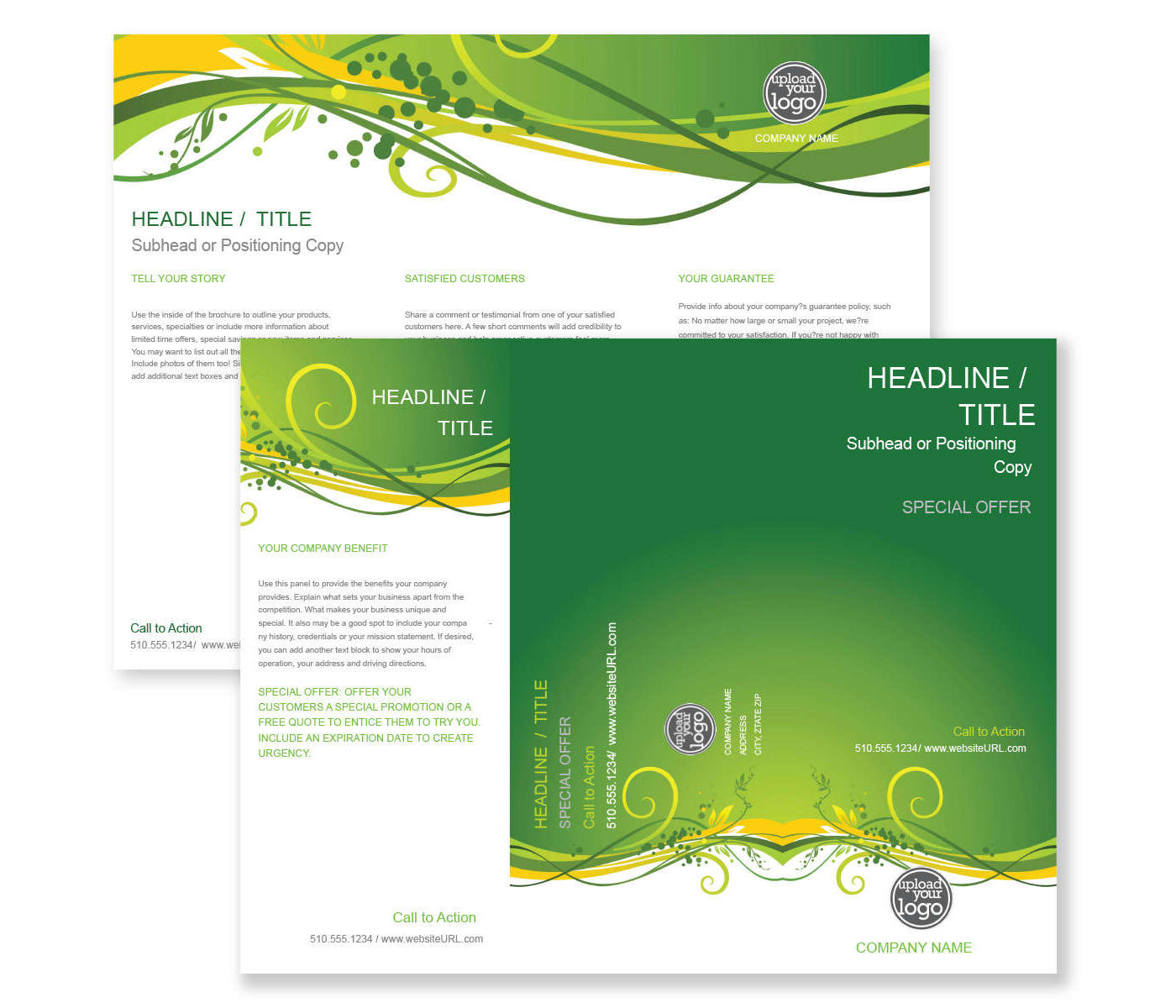 Green Floral Flow Brochure tri-fold 8-1/2x11 Rectangle - Kiwi Green