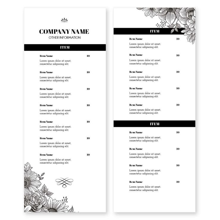 Garden Cafe Menu 4-1/4"x11" Rectangle Vertical - Black