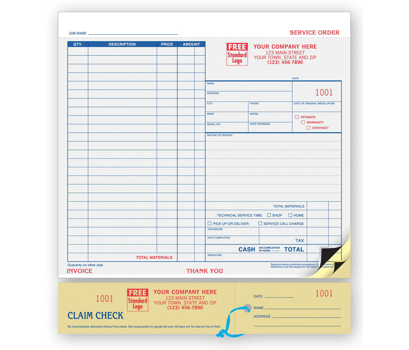 Service Orders, Carbon, Claim Check, Large Format 2-Part