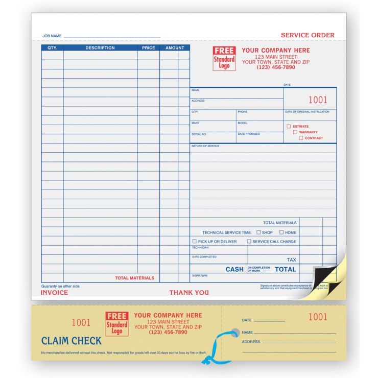 Service Orders, Carbon, Claim Check, Large Format 2-Part