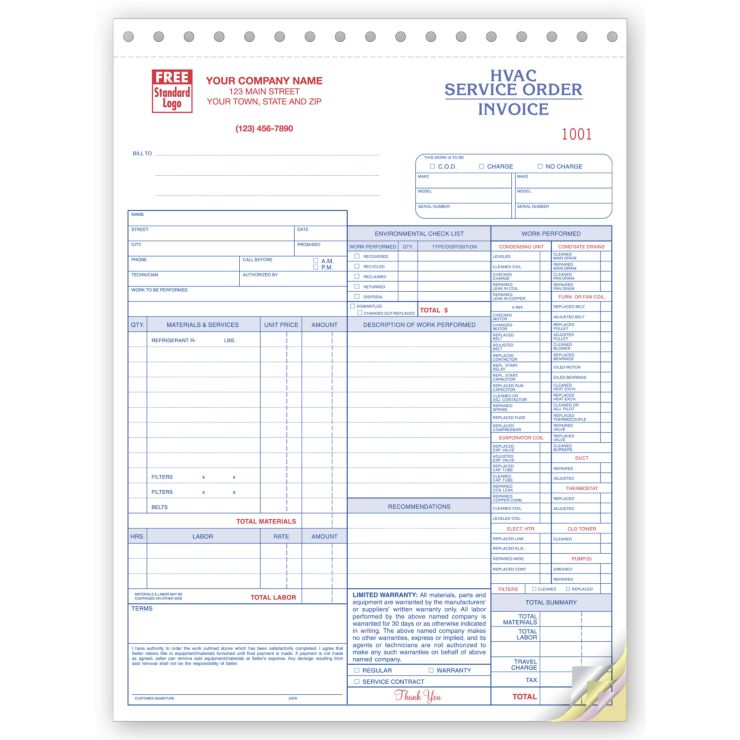 Service Orders, HVAC, w/Checklist, Large Format 3-Part