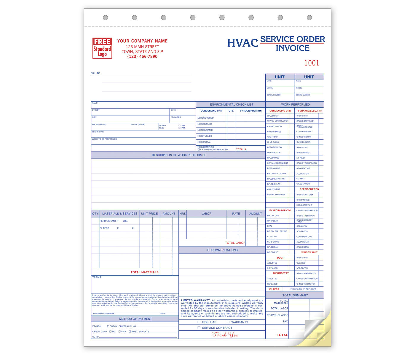 Service Orders, HVAC, w/Checklist, Large Format 3-Part