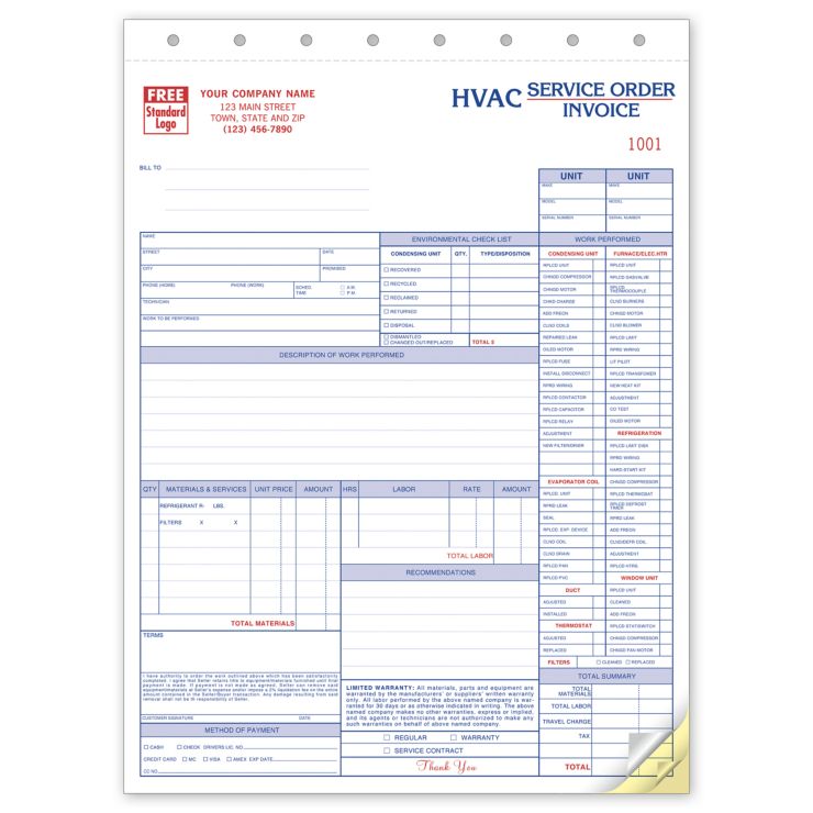 Service Orders, HVAC, w/Checklist, Large Format 3-Part