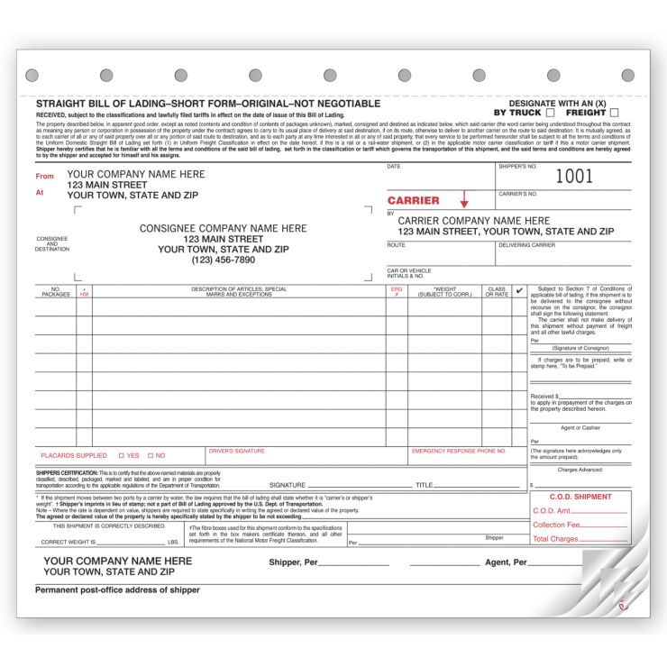 Bills of Lading - Small Carbonless 3-Part