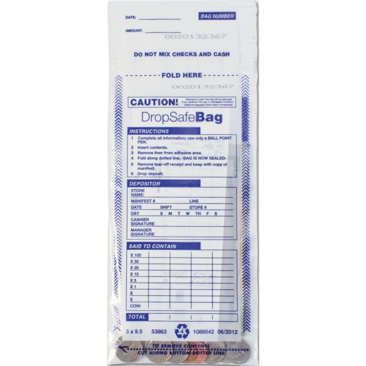 5 x 9 1/2" Drop Safe Style Deposit Bag, Clear Bradford Business Checks