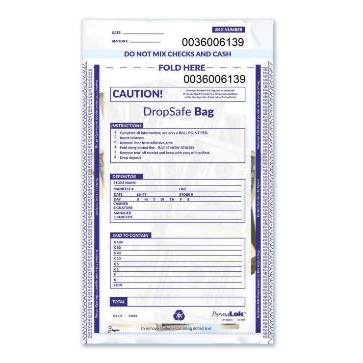 5 x 9 1/2" Drop Safe Style Deposit Bag, Clear