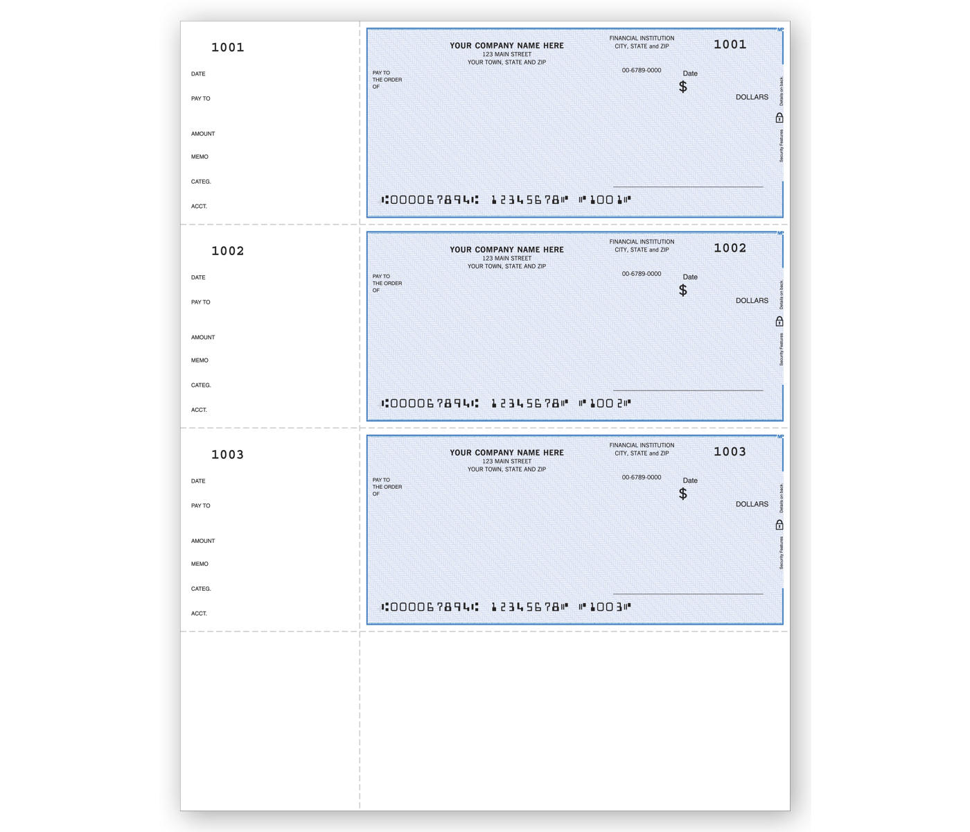 QuickBooks Unlined - 3 to a page Laser Wallet-sized Business checks 1-Part