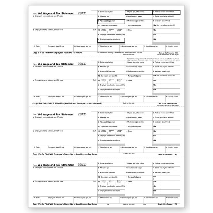 4-Up Laser W-2, Employee Copy, Horizontal Format