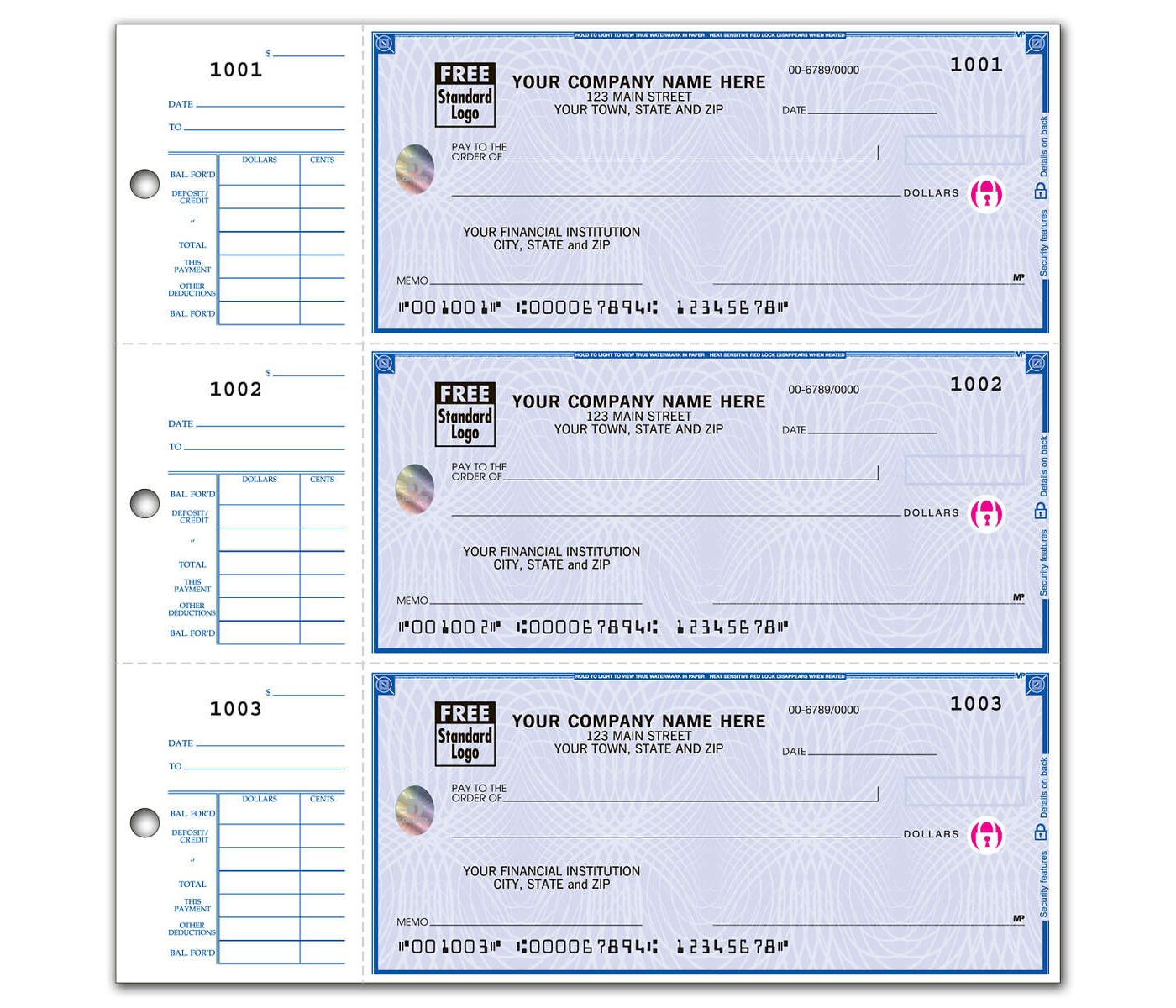 High Security 3-On-A-Page Compact Checks w/ End Stubs Bradford Business ...