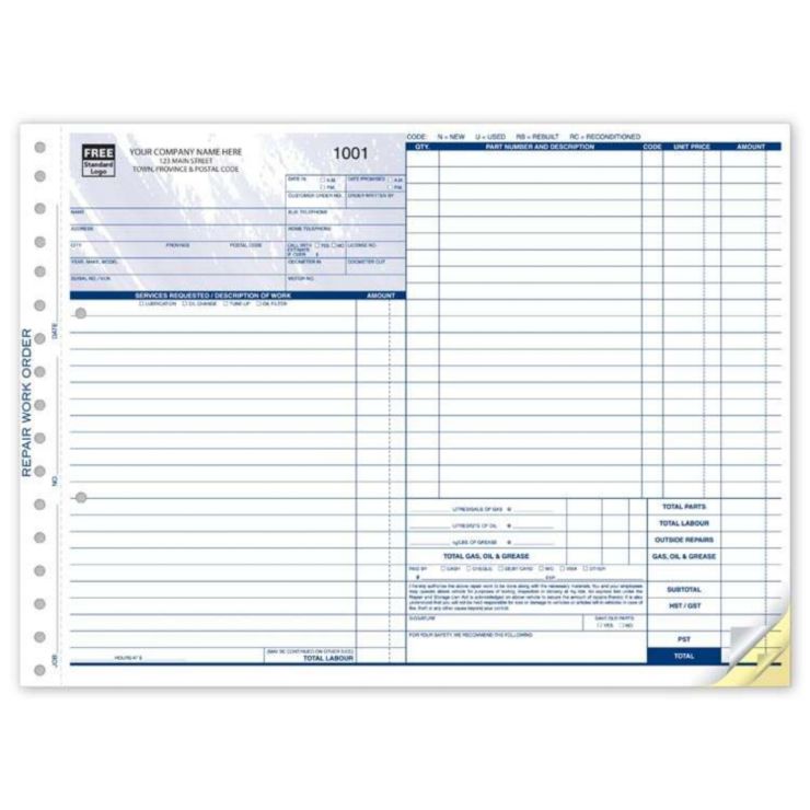 Automotive Repair Work Order - 11 x 8 1/2" - 3 Part