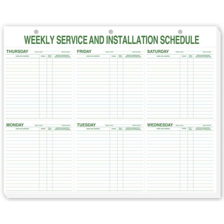 Weekly Service & Installation Schedule Pad, Hole Punch
