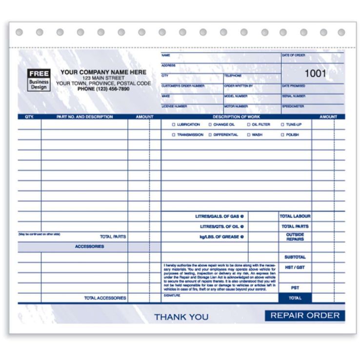 Repair Orders, Garage, Carbonless, Small Format - 2 Part