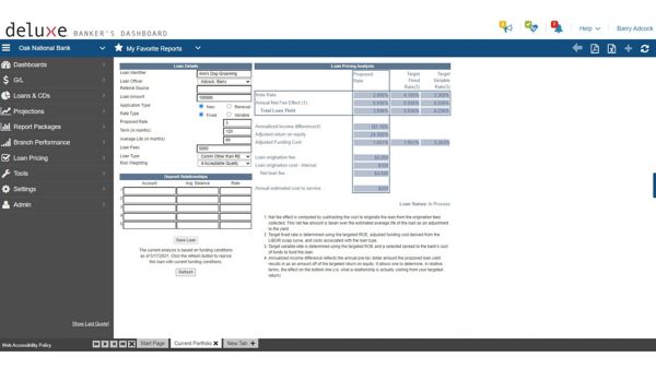 Banker's Dashboard loan pricing screen