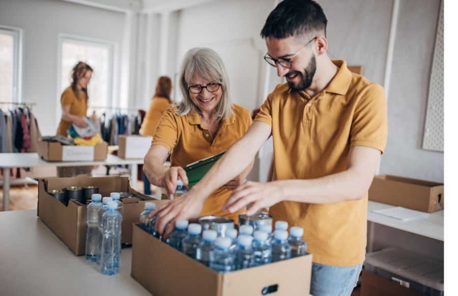 Volunteers packing water bottles