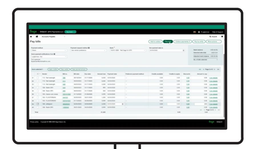 A screenshot of Sage Intacct Online web page