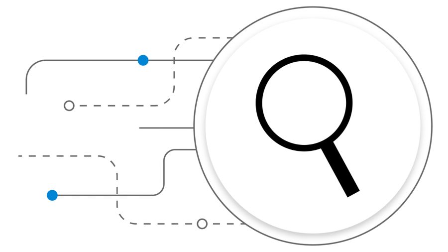 Infographic design includes a magnifying glass icon inside of a circle.