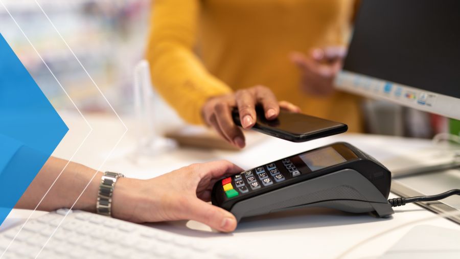 Woman using her smartphone to make a donation.