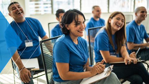 Group of corporate volunteers preparing.
