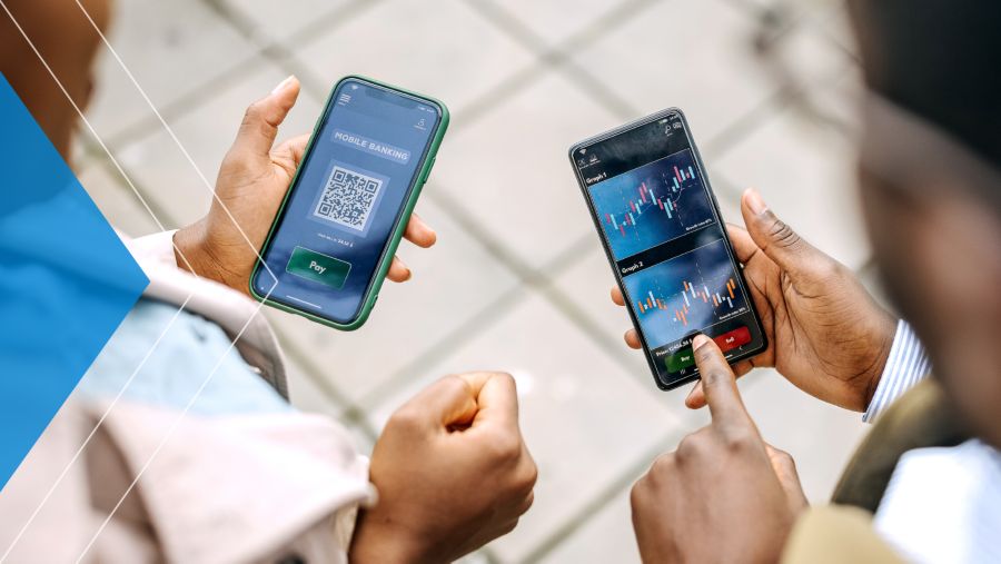 A young couple using fintech on their smartphones.