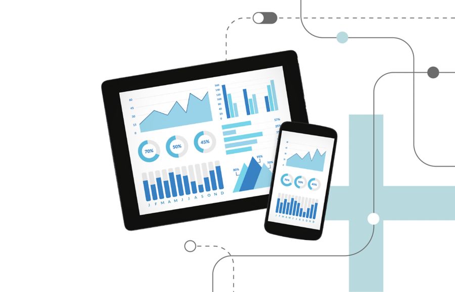An infographic with a tablet and mobile phone that are displaying charts and graphs.