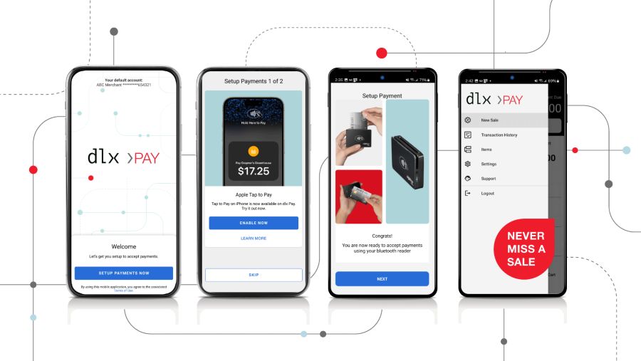 Four smartphone screens showing various dlxPAY app screenshots