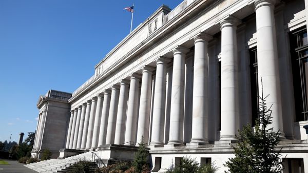 Front of a government building with large columns