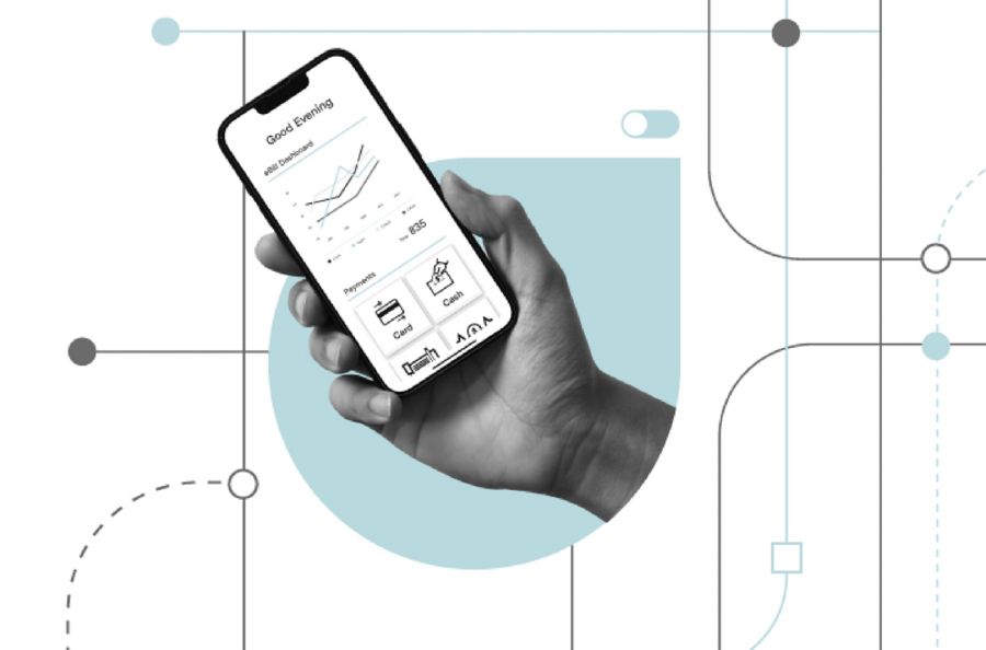 Graphic showing a mobile phone with charts and bank options