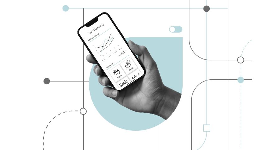 A hand is holding a smartphone that is displaying a dashboard for receivables cash application.